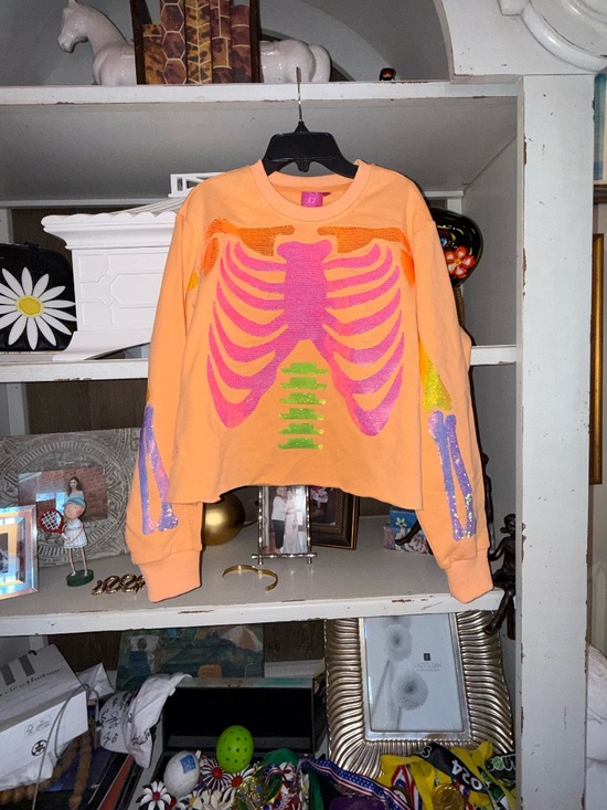 QUEEN OF SPARKLES Tops - Queen of Sparkles QOS XS neon orange skeleton cropped sweatshirt